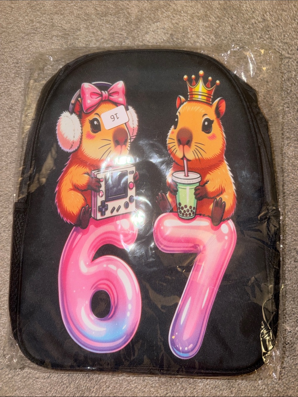 Kids Black Backpack with Pink '67' Hamster Design